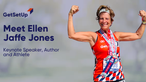Ellen Jaffe Jones, Author and Athlete, holding up arms and showing off muscles