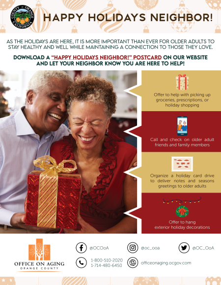 Photo of older adult couple holding a Christmas gift with action items to help neighbors stay connected and a link to download a printable postcard.