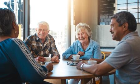 Senior, people and group relax at coffee shop