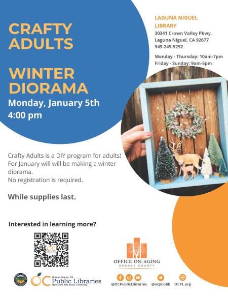 Flyer for OCPL Crafty Adults Winter Diorama event on January 5, 2026